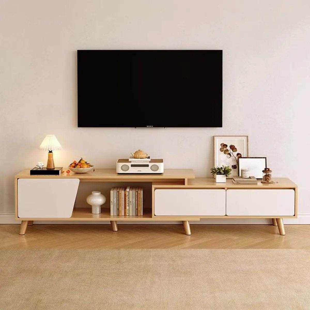 Natural Wood Open Storage Drawers TV Stand with Legs Image - 6
