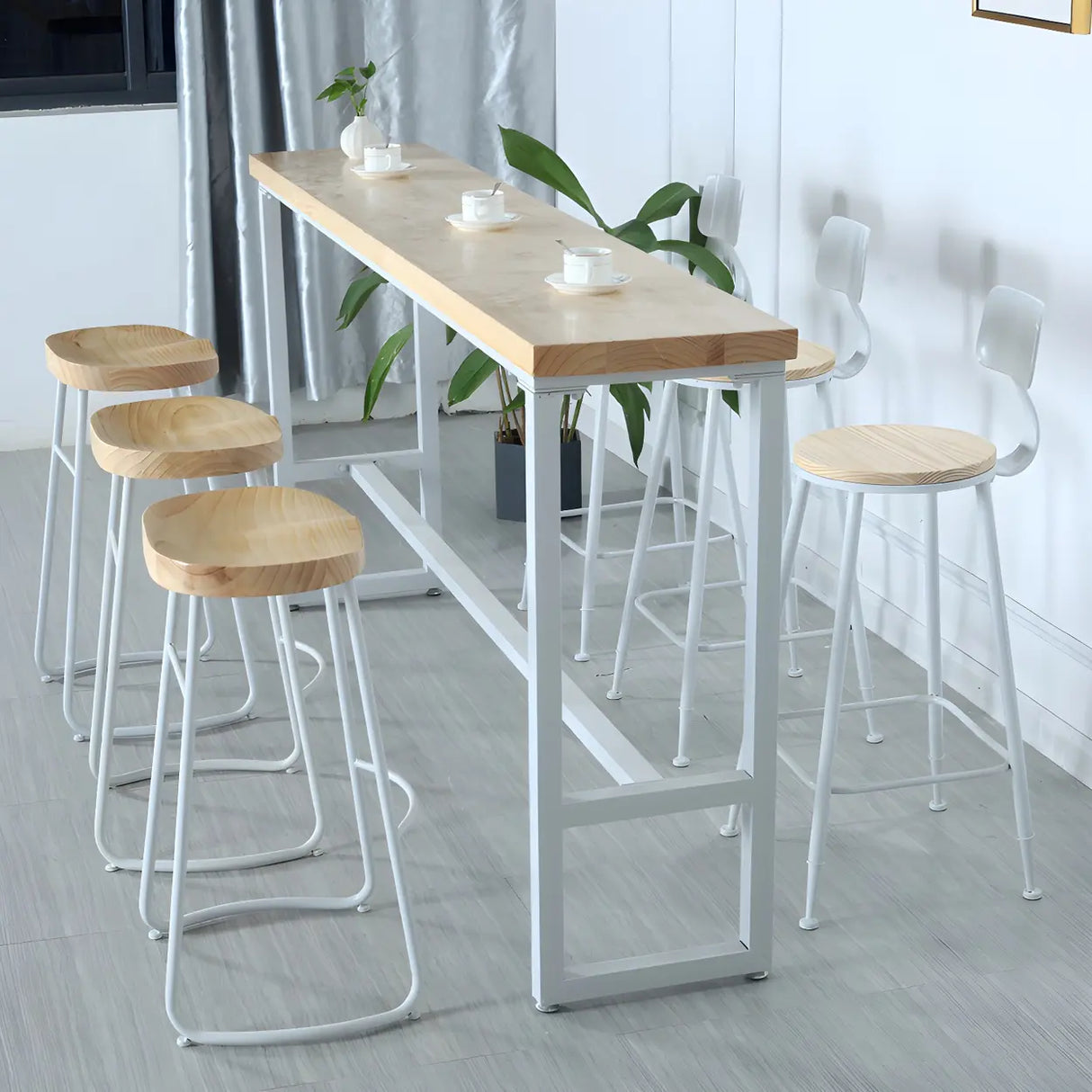 Natural Wood Rectangle Long Bar Table With Footrest Image - 8