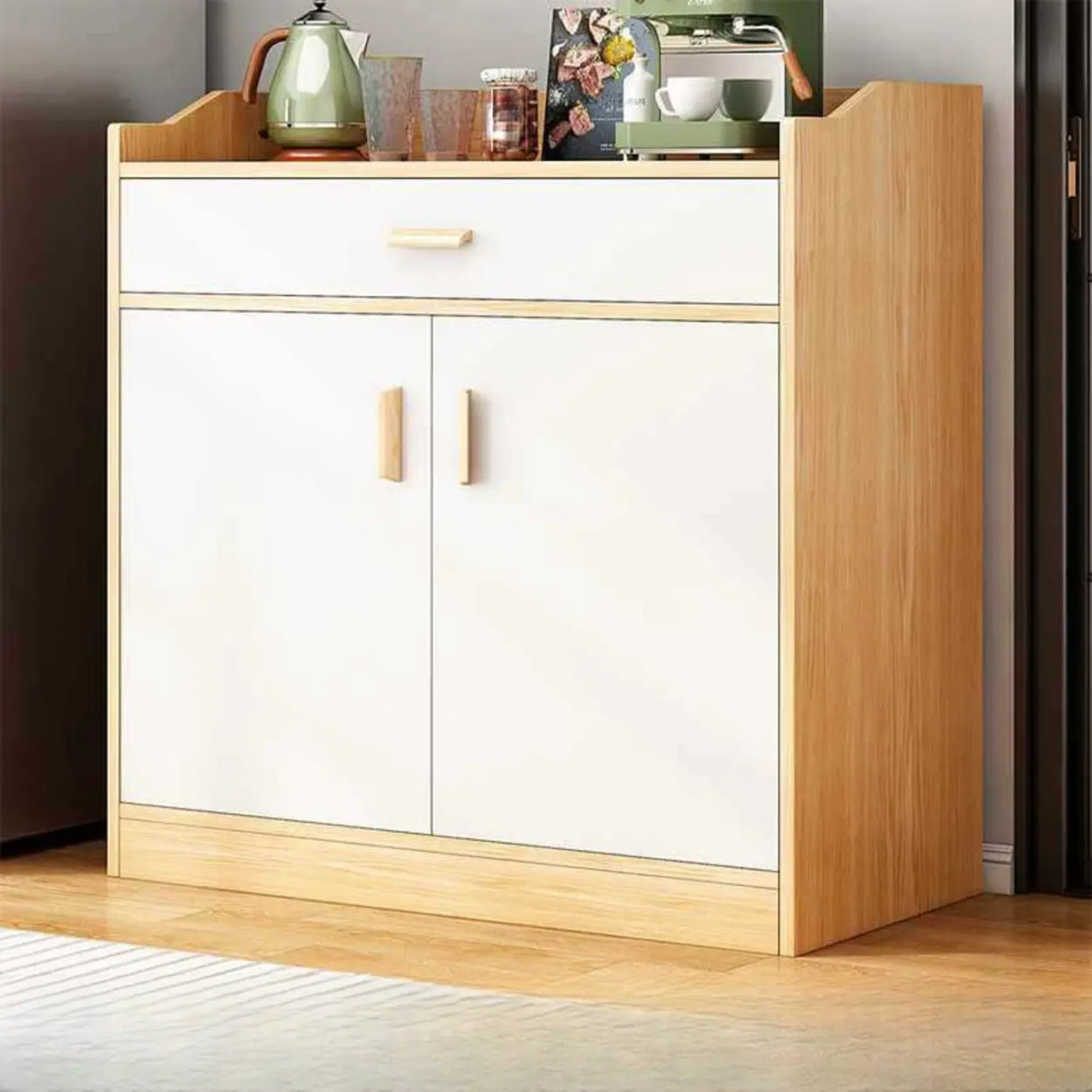 Natural Wood White Cabinets Shelves Open Storage Sideboard Image - 10