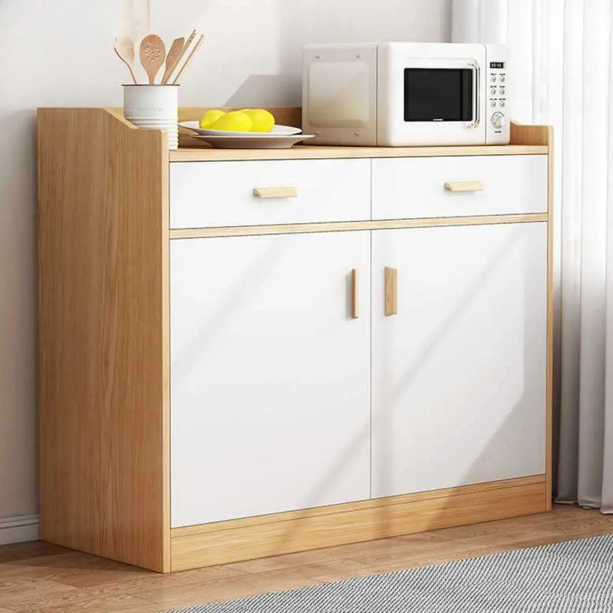 Natural Wood White Cabinets Shelves Open Storage Sideboard Image - 12