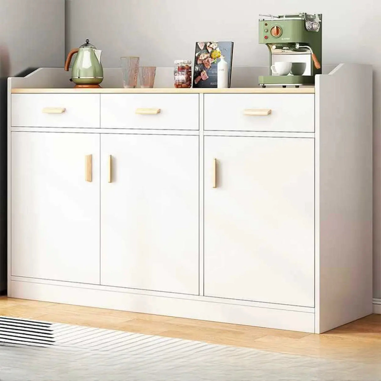 Natural Wood White Cabinets Shelves Open Storage Sideboard Image - 13
