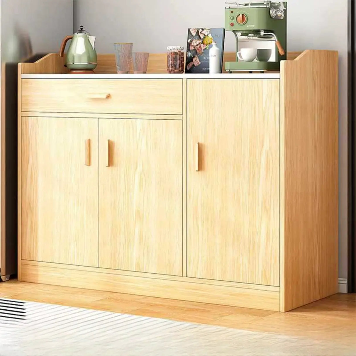 Natural Wood White Cabinets Shelves Open Storage Sideboard Image - 14
