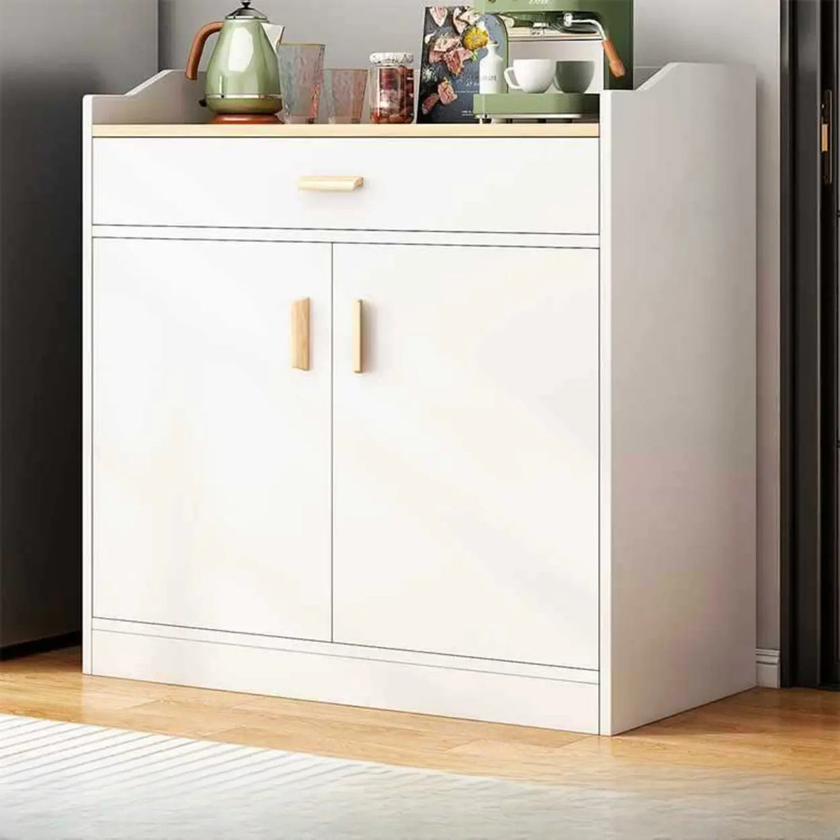 Natural Wood White Cabinets Shelves Open Storage Sideboard Image - 15