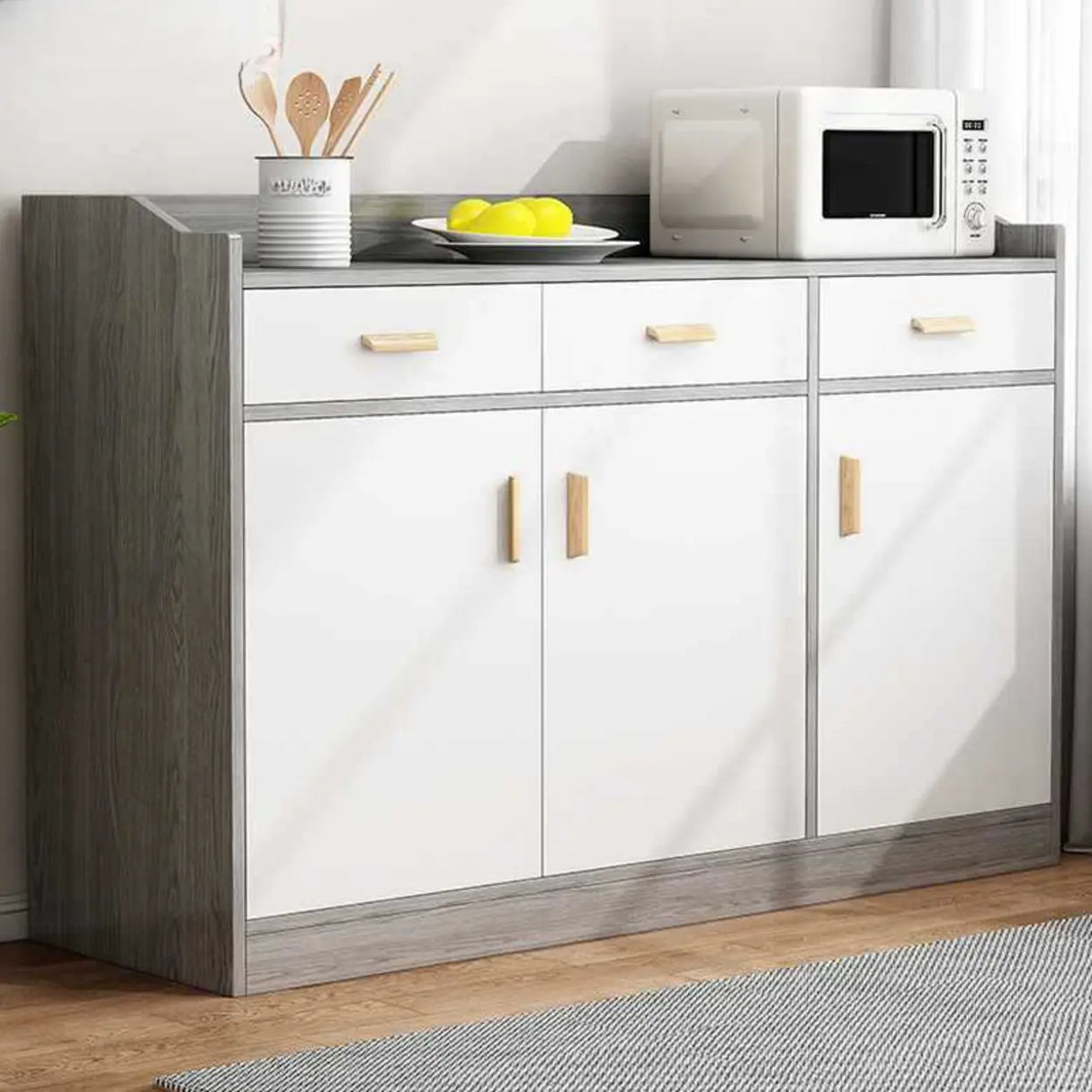 Natural Wood White Cabinets Shelves Open Storage Sideboard Image - 16