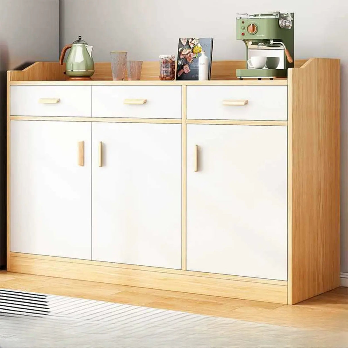 Natural Wood White Cabinets Shelves Open Storage Sideboard Image - 17