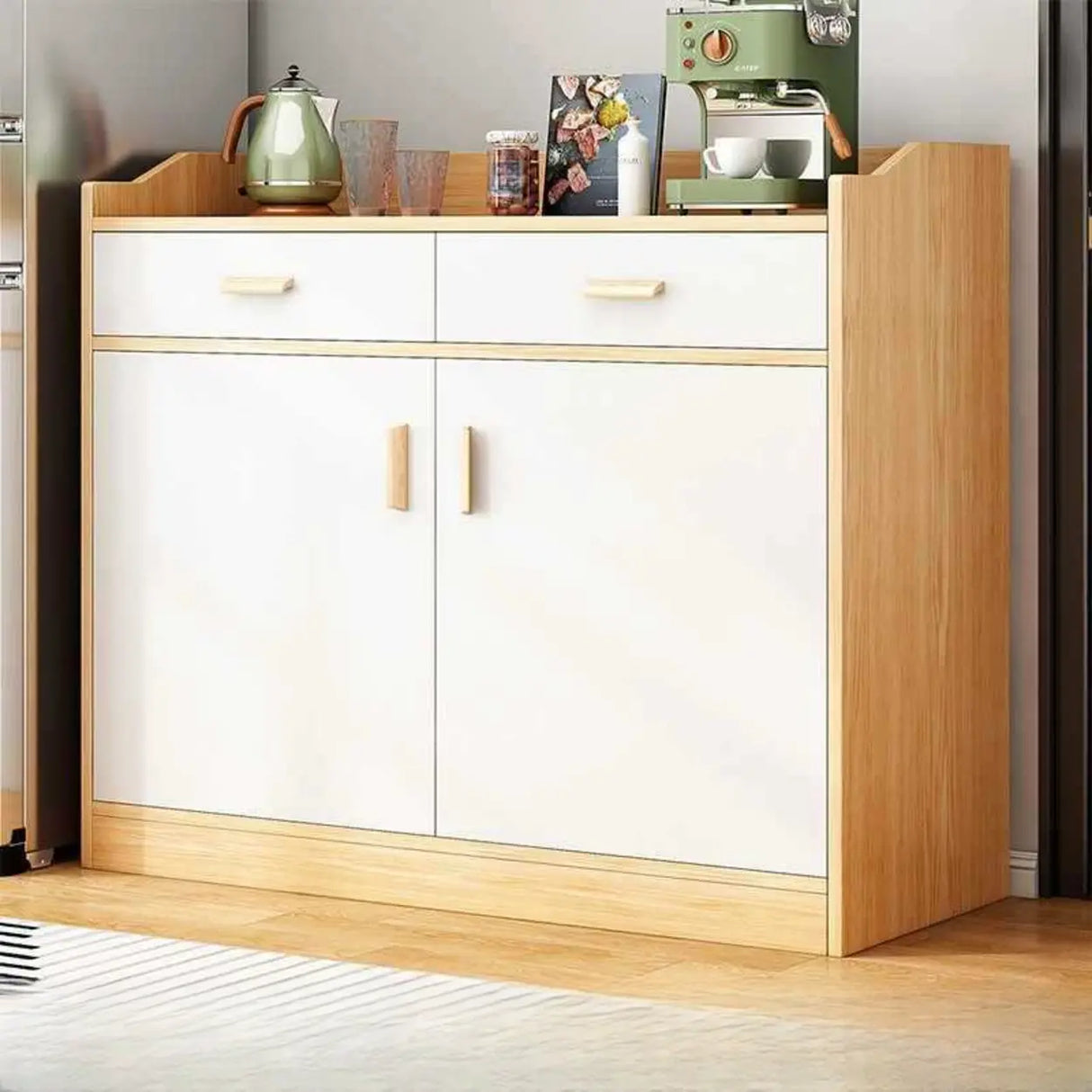 Natural Wood White Cabinets Shelves Open Storage Sideboard Image - 18