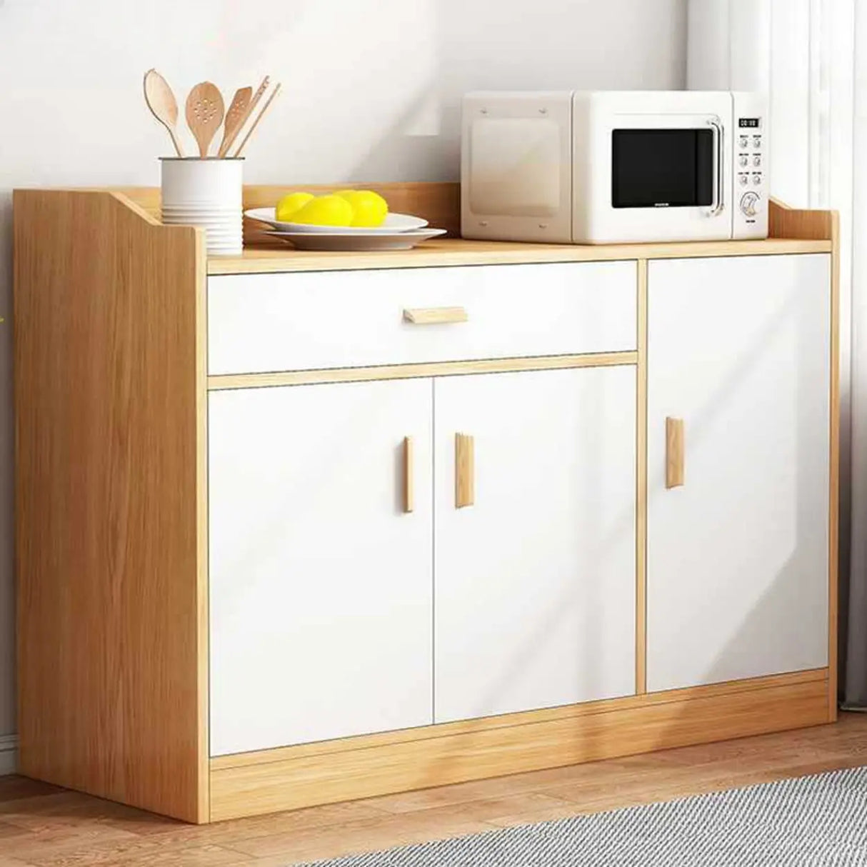 Natural Wood White Cabinets Shelves Open Storage Sideboard Image - 19
