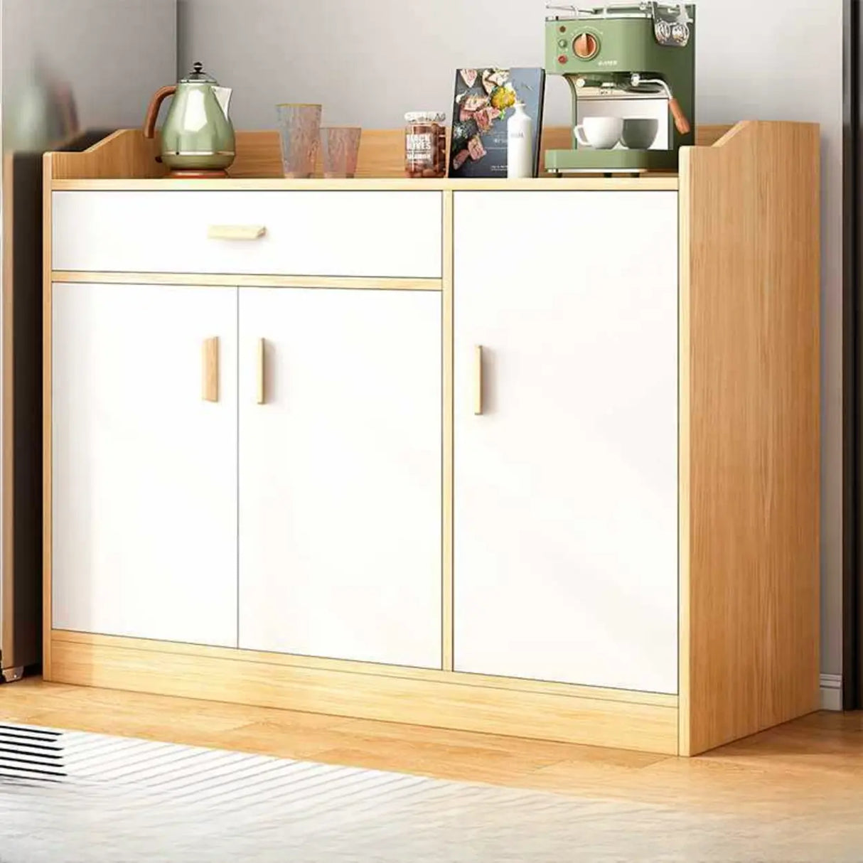 Natural Wood White Cabinets Shelves Open Storage Sideboard Image - 1