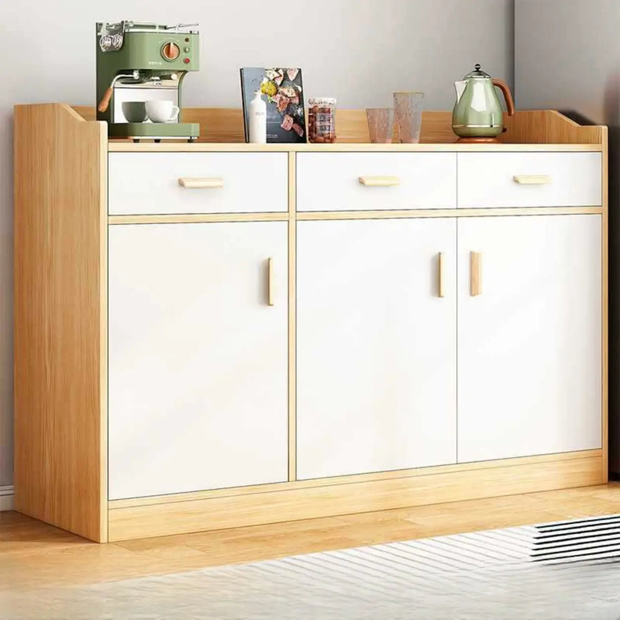 Natural Wood White Cabinets Shelves Open Storage Sideboard Image - 22