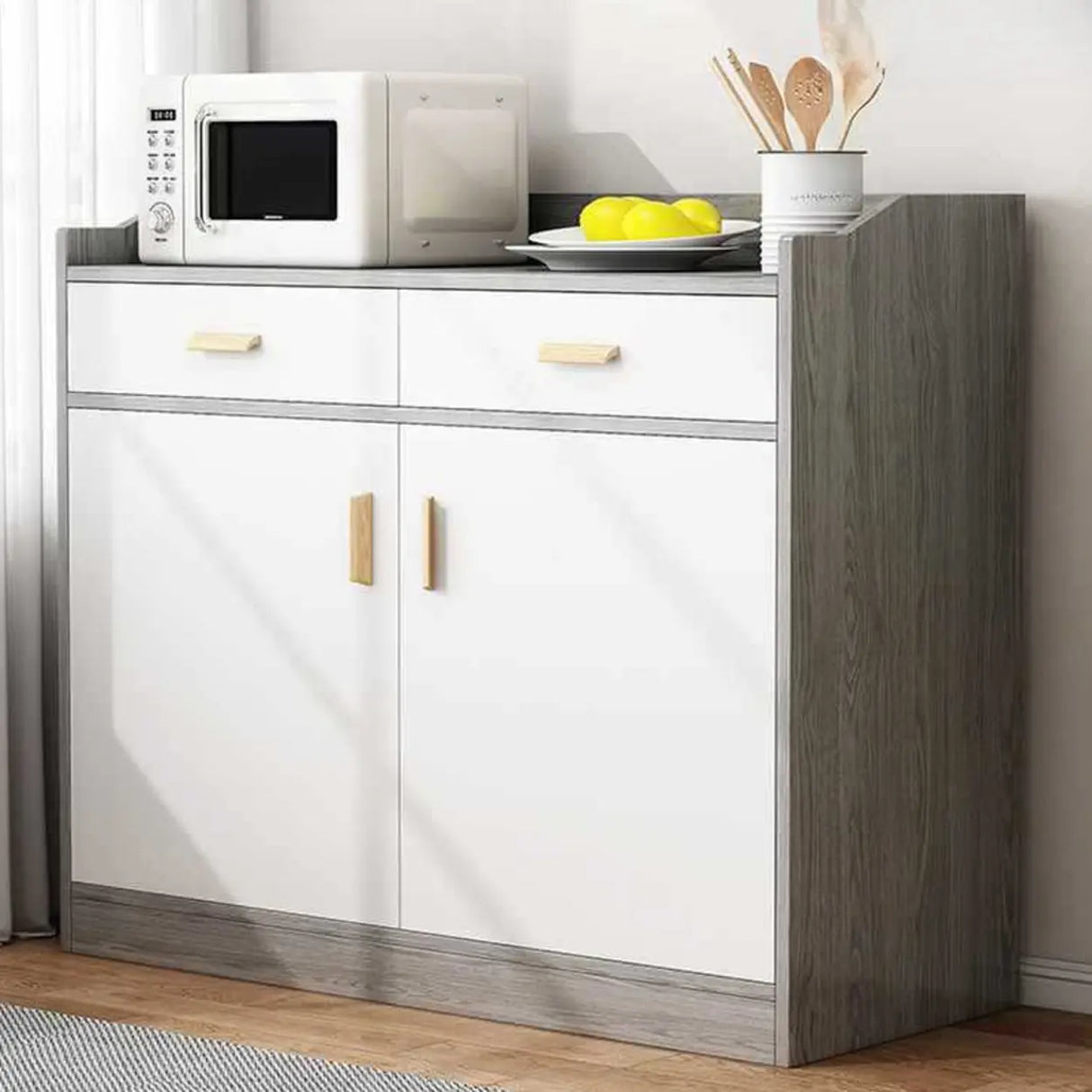 Natural Wood White Cabinets Shelves Open Storage Sideboard Image - 23