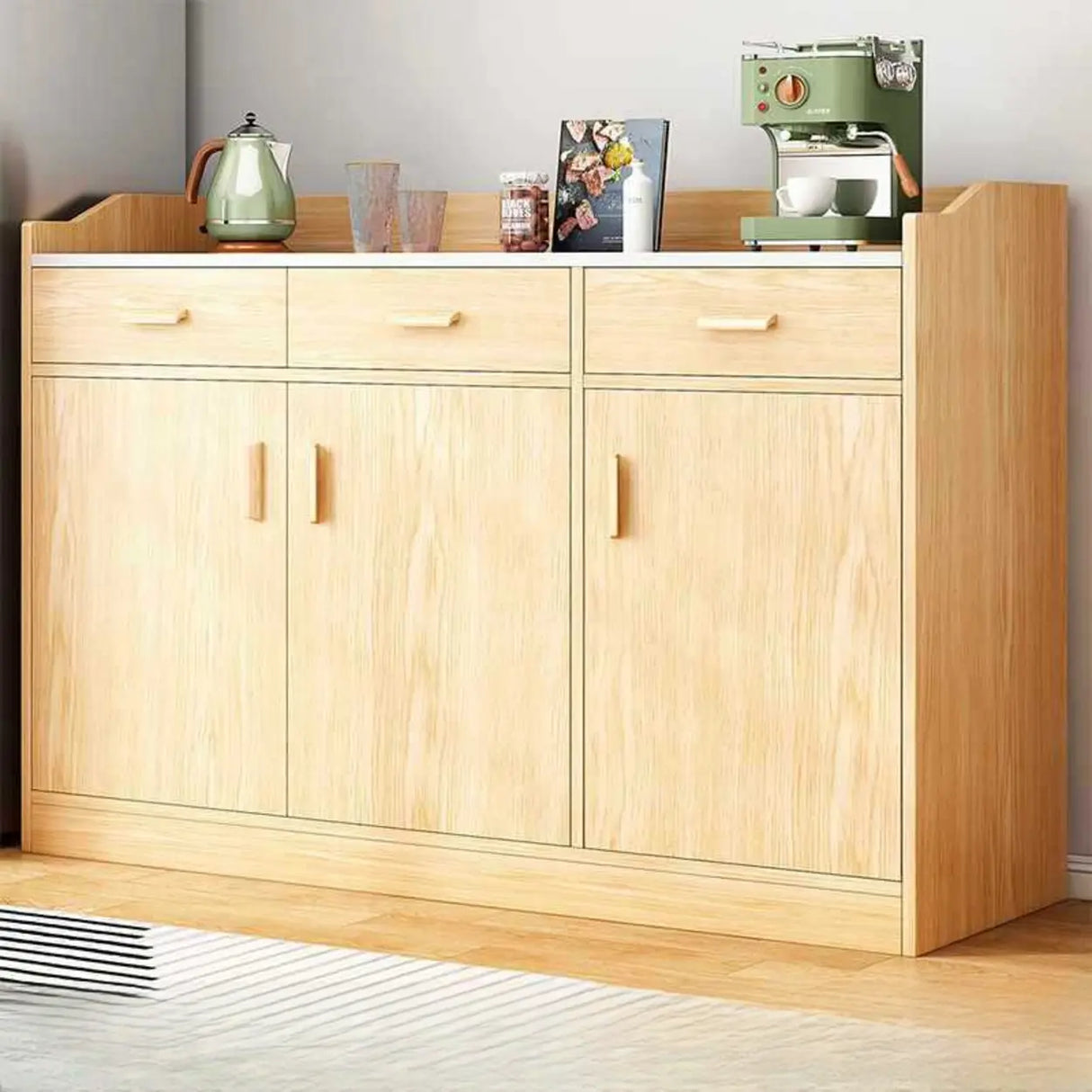 Natural Wood White Cabinets Shelves Open Storage Sideboard Image - 2