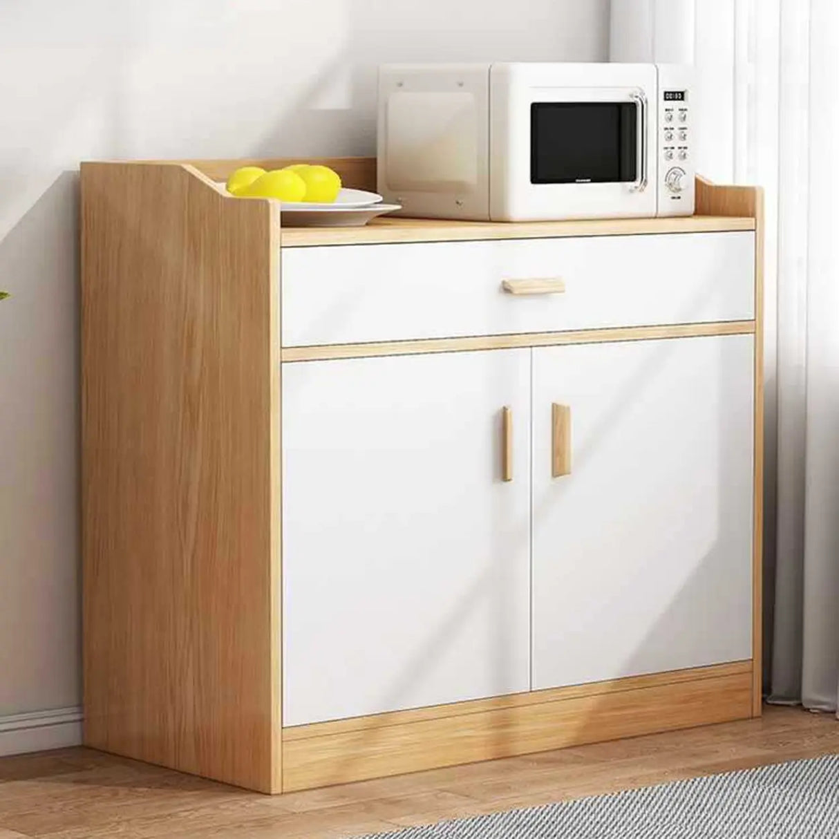 Natural Wood White Cabinets Shelves Open Storage Sideboard Image - 3