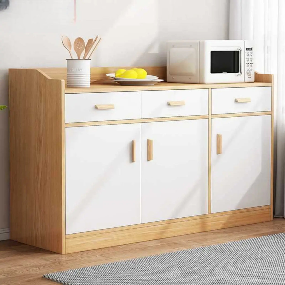 Natural Wood White Cabinets Shelves Open Storage Sideboard Image - 4