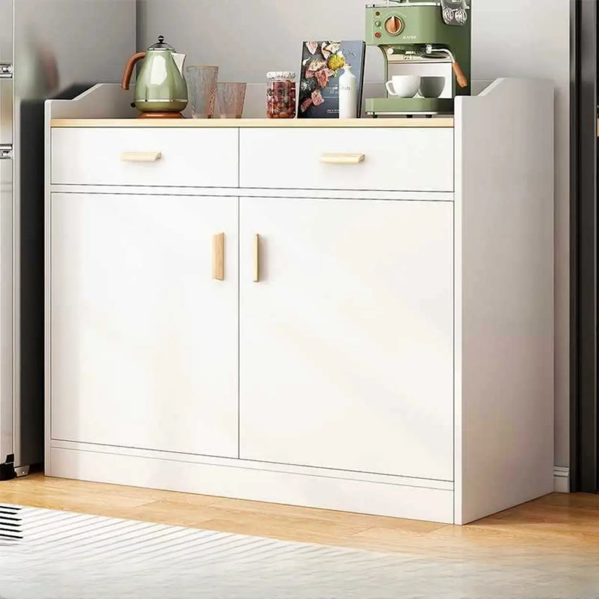 Natural Wood White Cabinets Shelves Open Storage Sideboard Image - 9