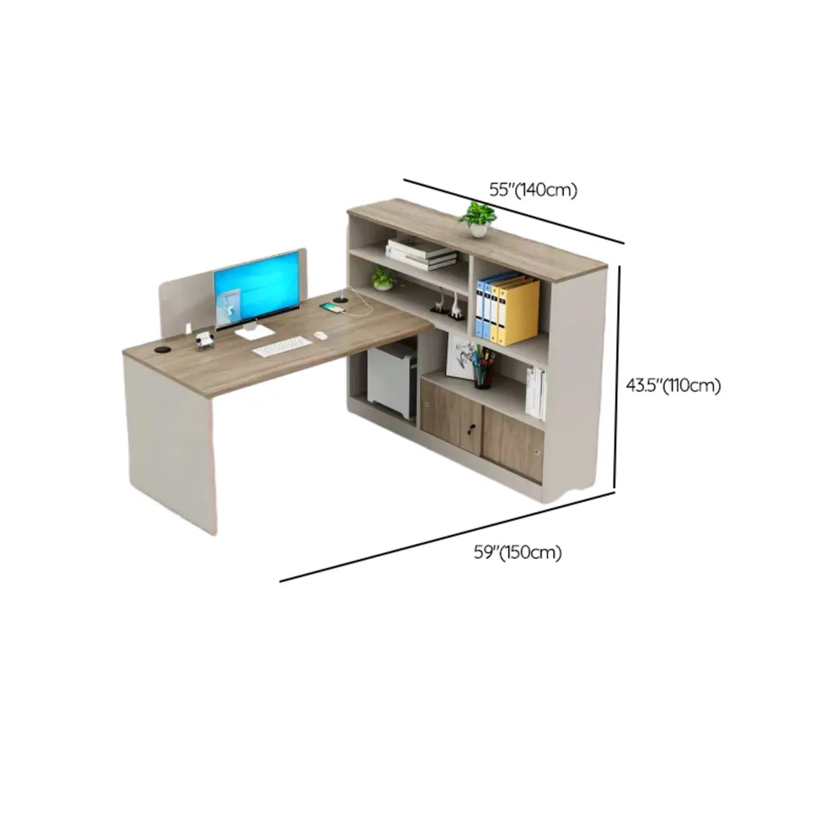 Natural Wooden Drawers Hutch L-Shaped Writing Desk