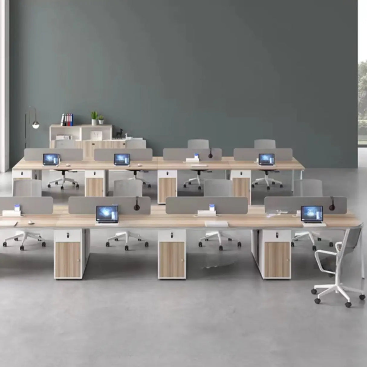 Natural Wooden Multi-person Computer Desk with Drawers Image - 10