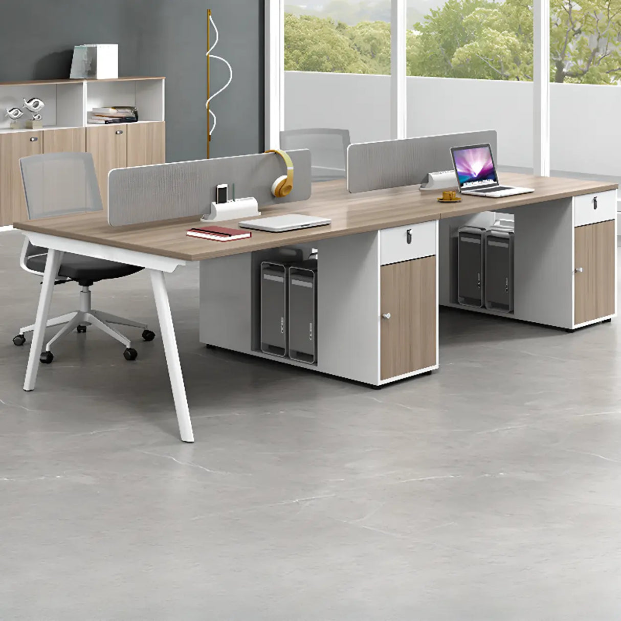 Natural Wooden Multi-person Computer Desk with Drawers Image - 1