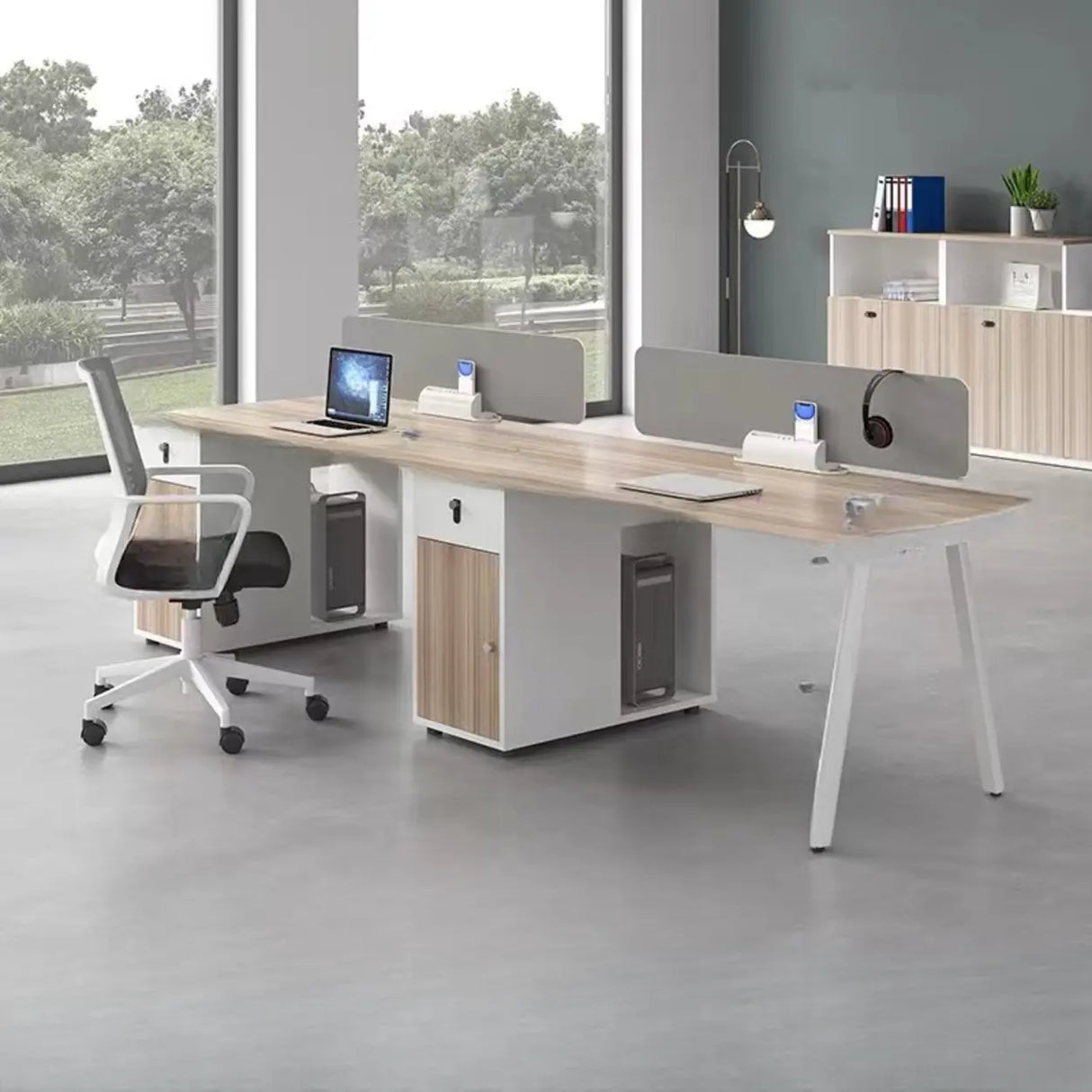 Natural Wooden Multi-person Computer Desk with Drawers Image - 3