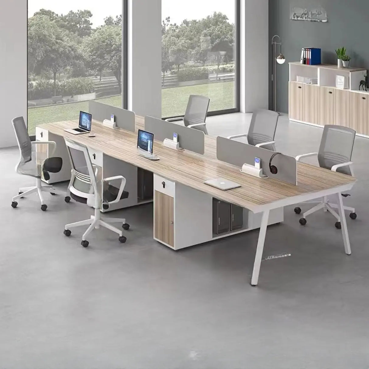 Natural Wooden Multi-person Computer Desk with Drawers Image - 4