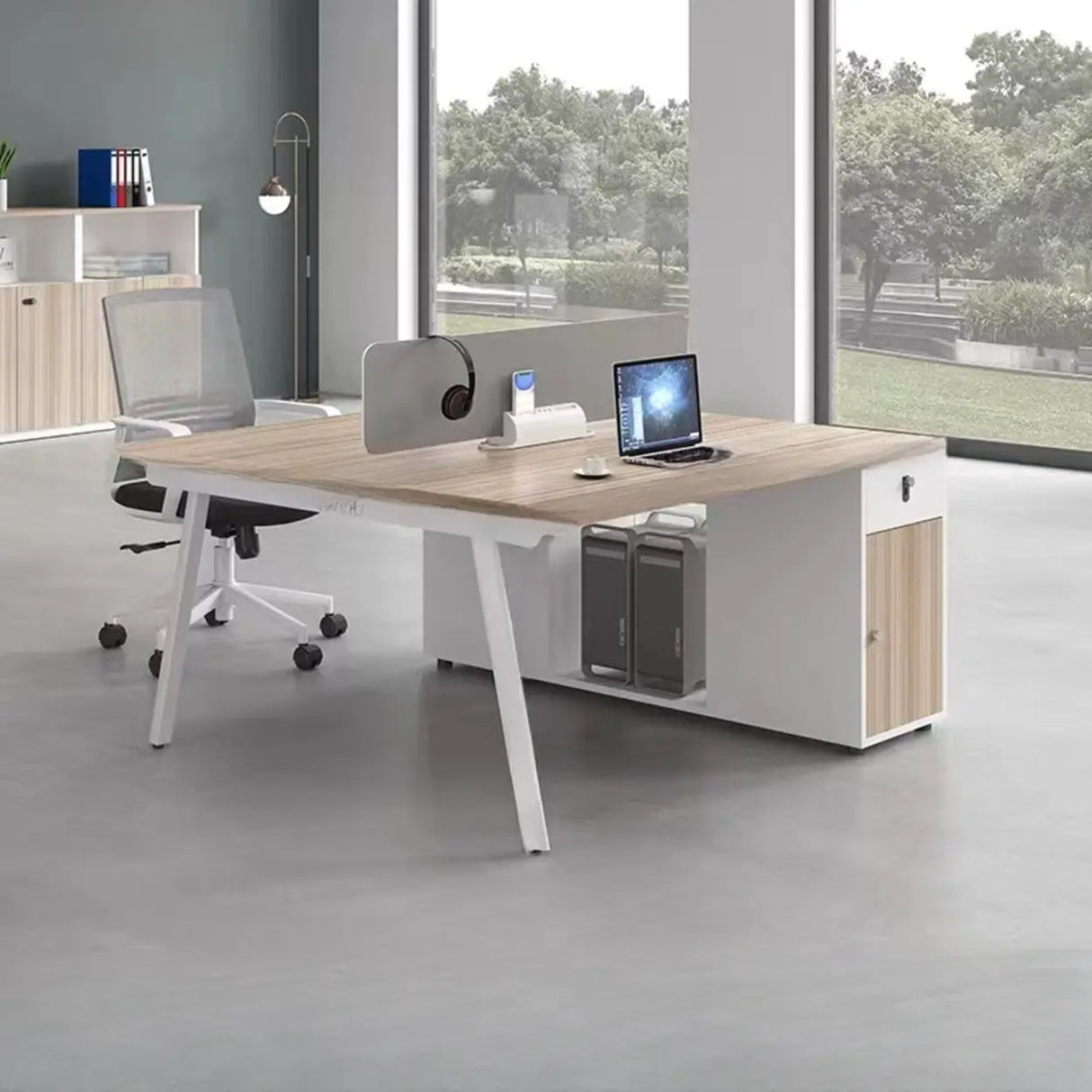 Natural Wooden Multi-person Computer Desk with Drawers Image - 5