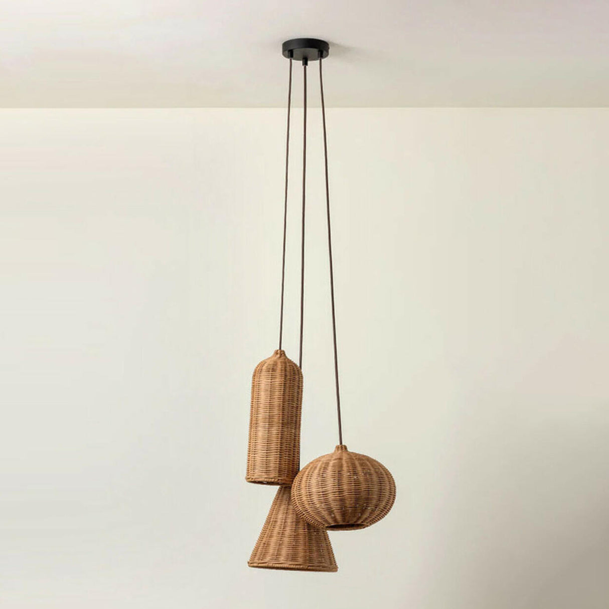 Natural Woven Barrel Rattan Pendant Light Set Image - 10