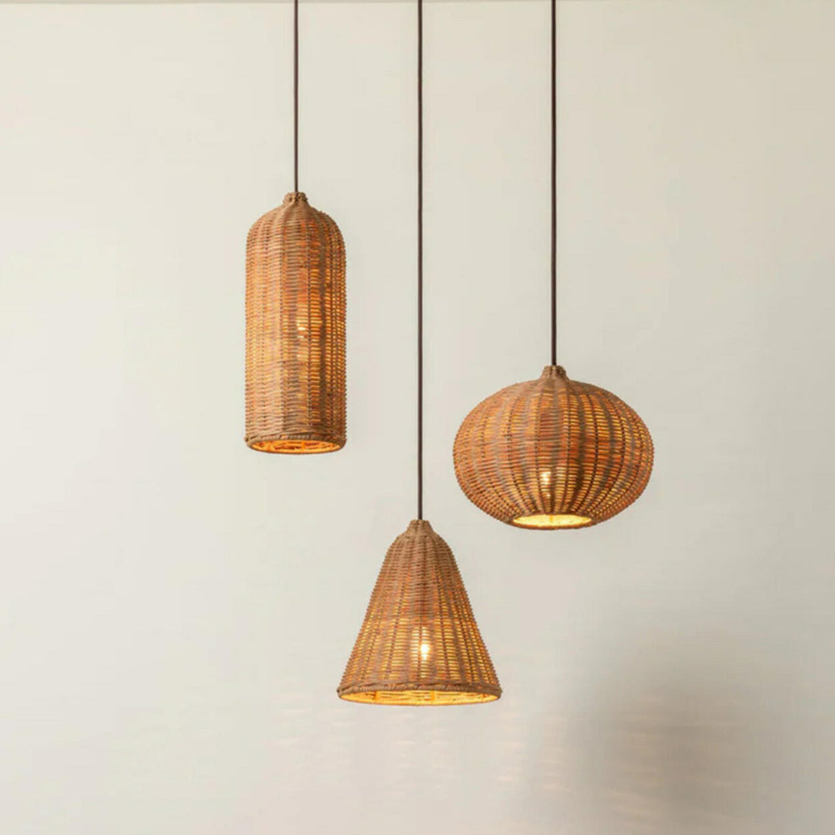Natural Woven Barrel Rattan Pendant Light Set Image - 14