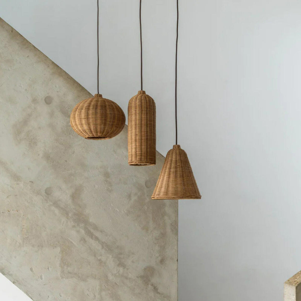 Natural Woven Barrel Rattan Pendant Light Set Image - 3