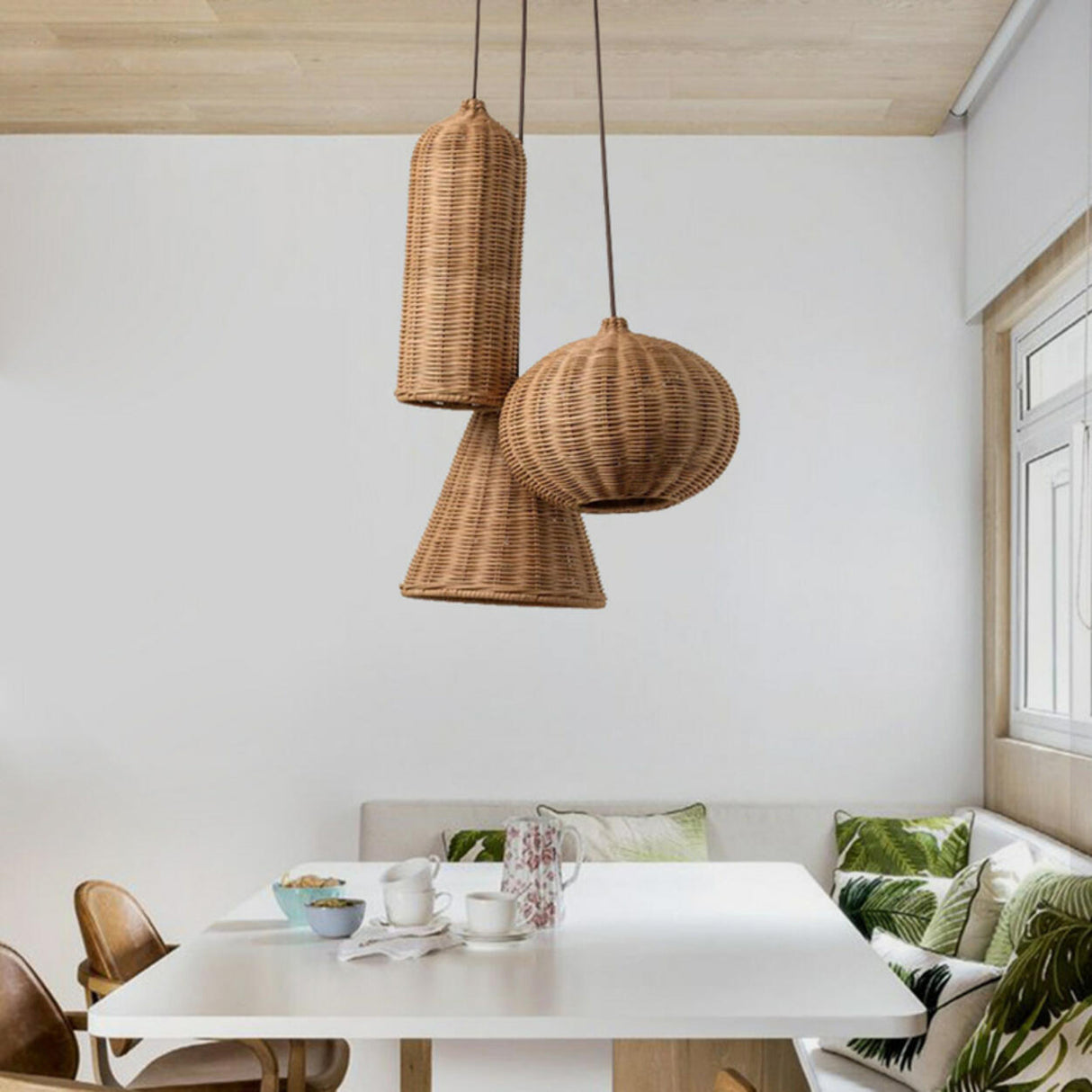 Natural Woven Barrel Rattan Pendant Light Set Image - 4