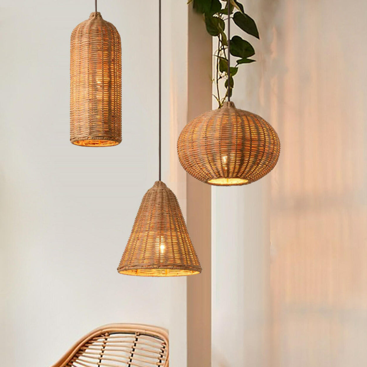 Natural Woven Barrel Rattan Pendant Light Set Image - 5