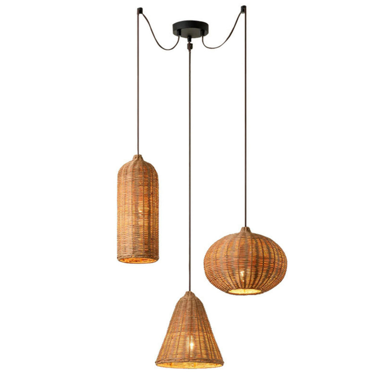 Natural Woven Barrel Rattan Pendant Light Set Image - 6