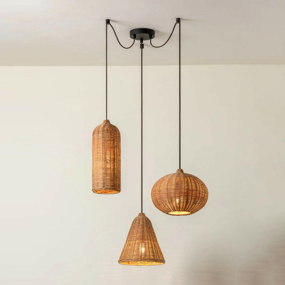 Natural Woven Barrel Rattan Pendant Light Set Image - 9