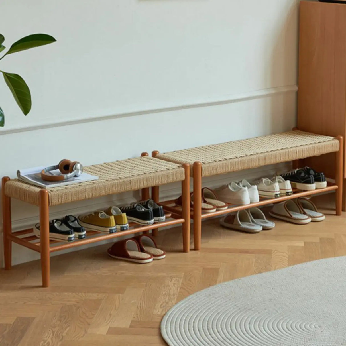 Natural Woven Entryway Bench with Shoe Storage Shelf Image - 1