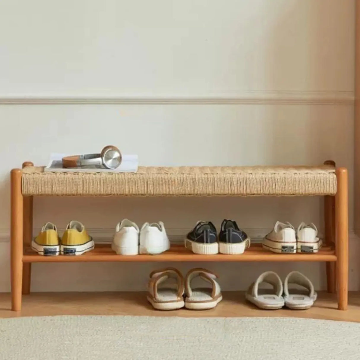 Natural Woven Entryway Bench with Shoe Storage Shelf Image - 2