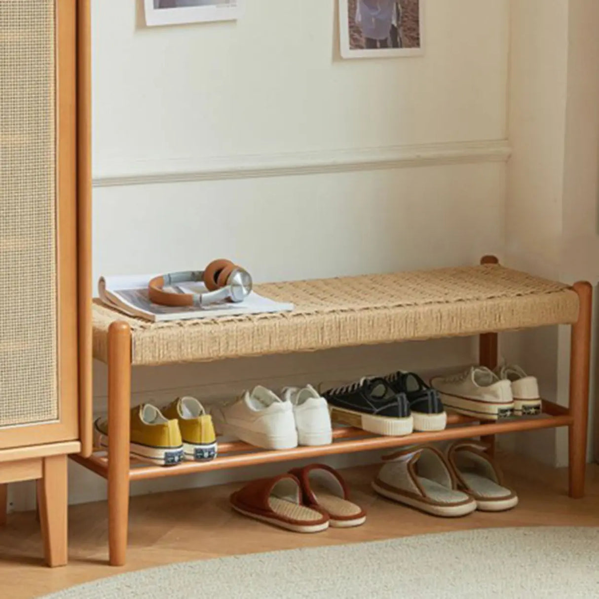 Natural Woven Entryway Bench with Shoe Storage Shelf Image - 4