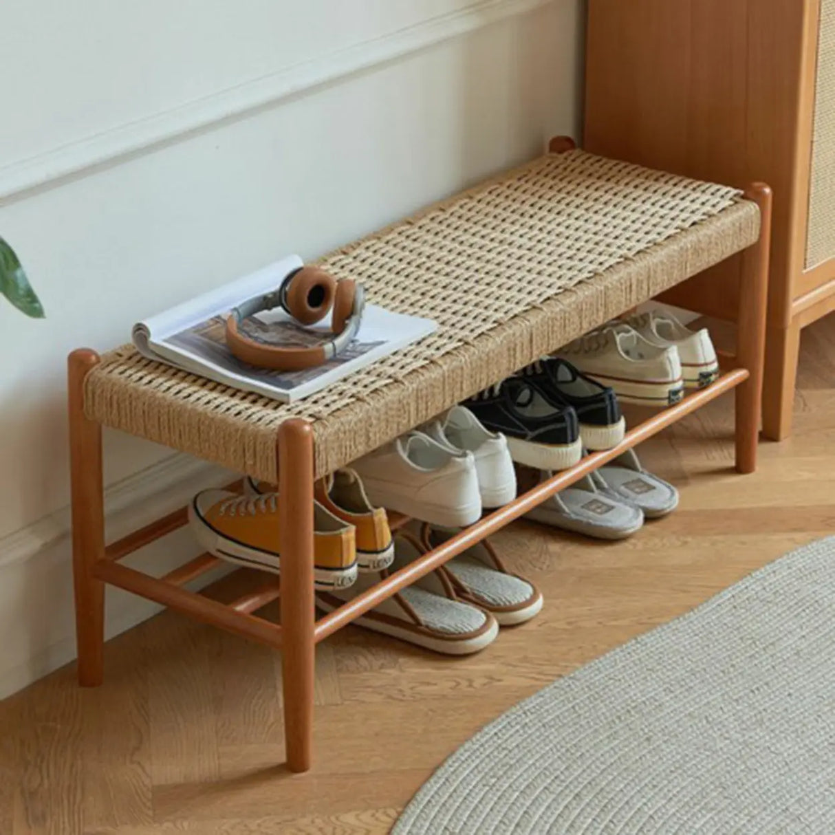 Natural Woven Entryway Bench with Shoe Storage Shelf Image - 5