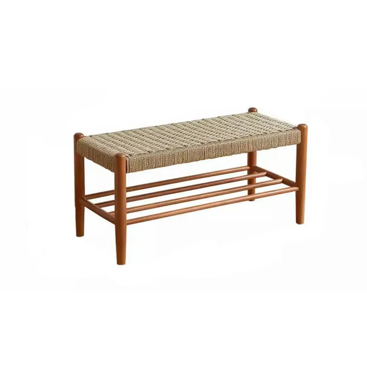 Natural Woven Entryway Bench with Shoe Storage Shelf Image - 6