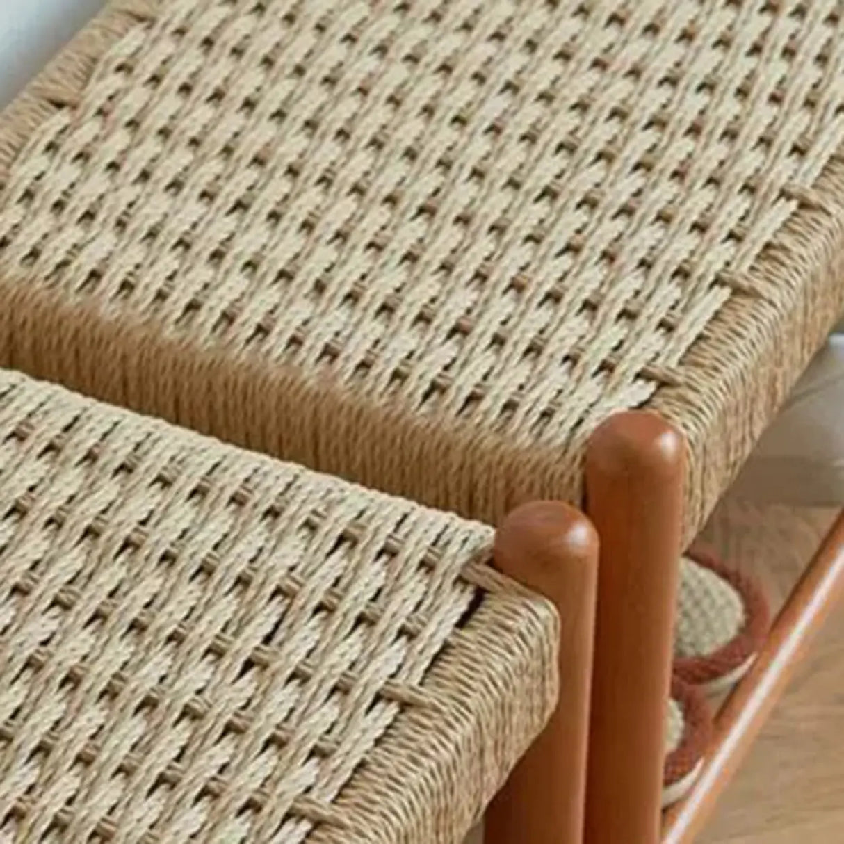 Natural Woven Entryway Bench with Shoe Storage Shelf Image - 7