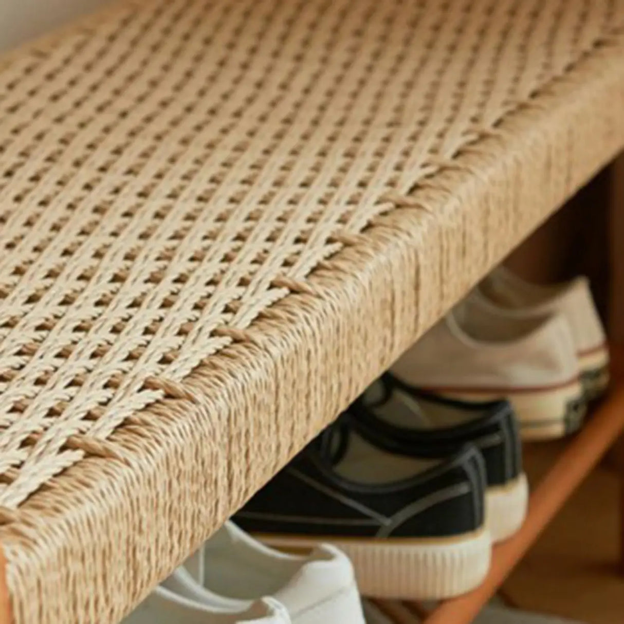 Natural Woven Entryway Bench with Shoe Storage Shelf Image - 8