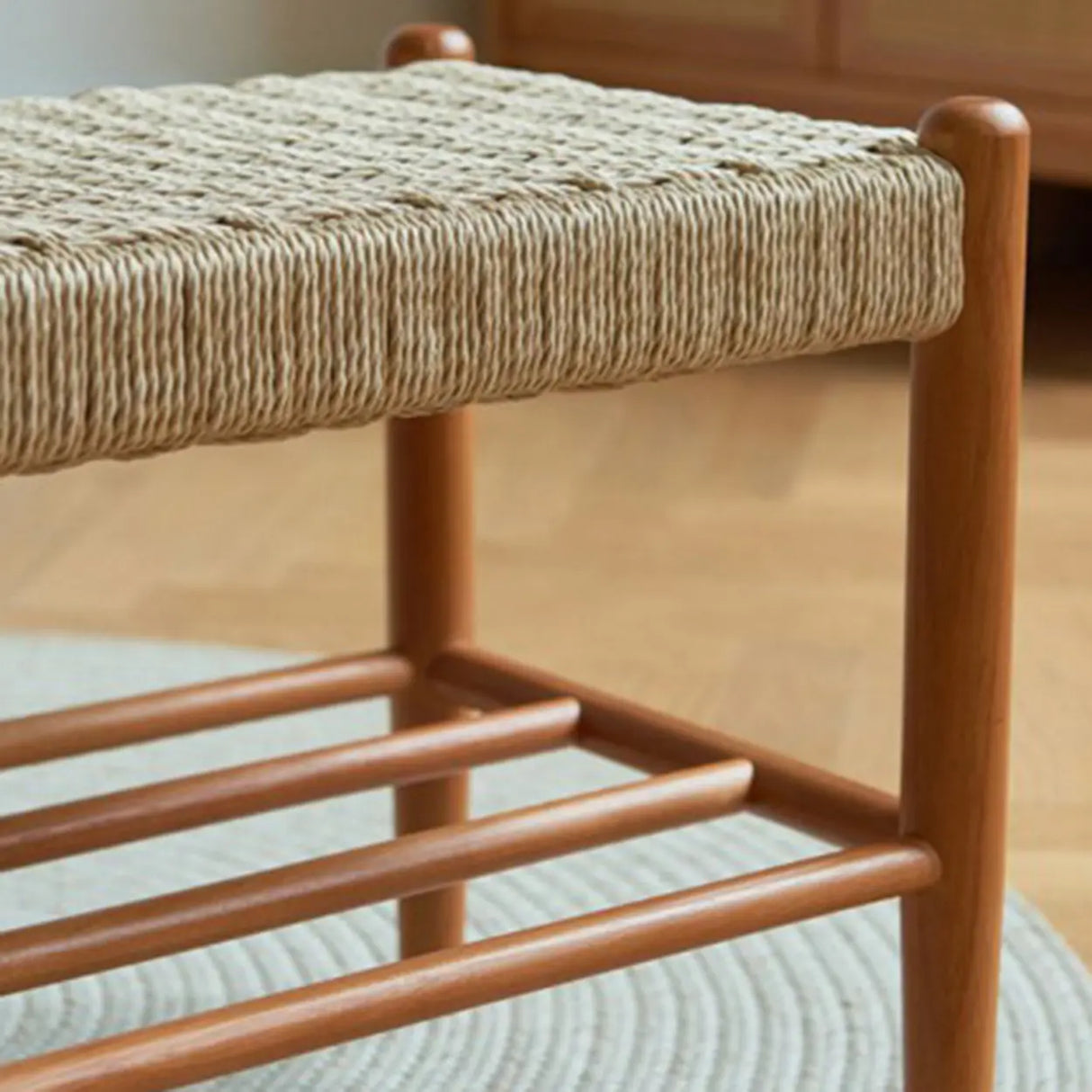 Natural Woven Entryway Bench with Shoe Storage Shelf Image - 9