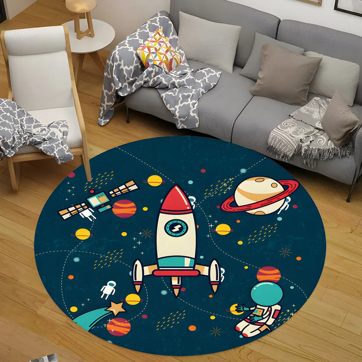 Navy Blue Round Space Polyester Pet Friendly Rug for Kids Image - 1