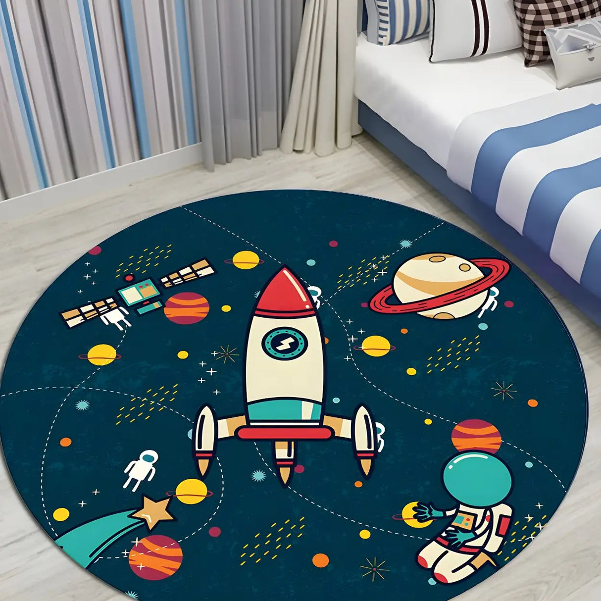 Navy Blue Round Space Polyester Pet Friendly Rug for Kids Image - 2