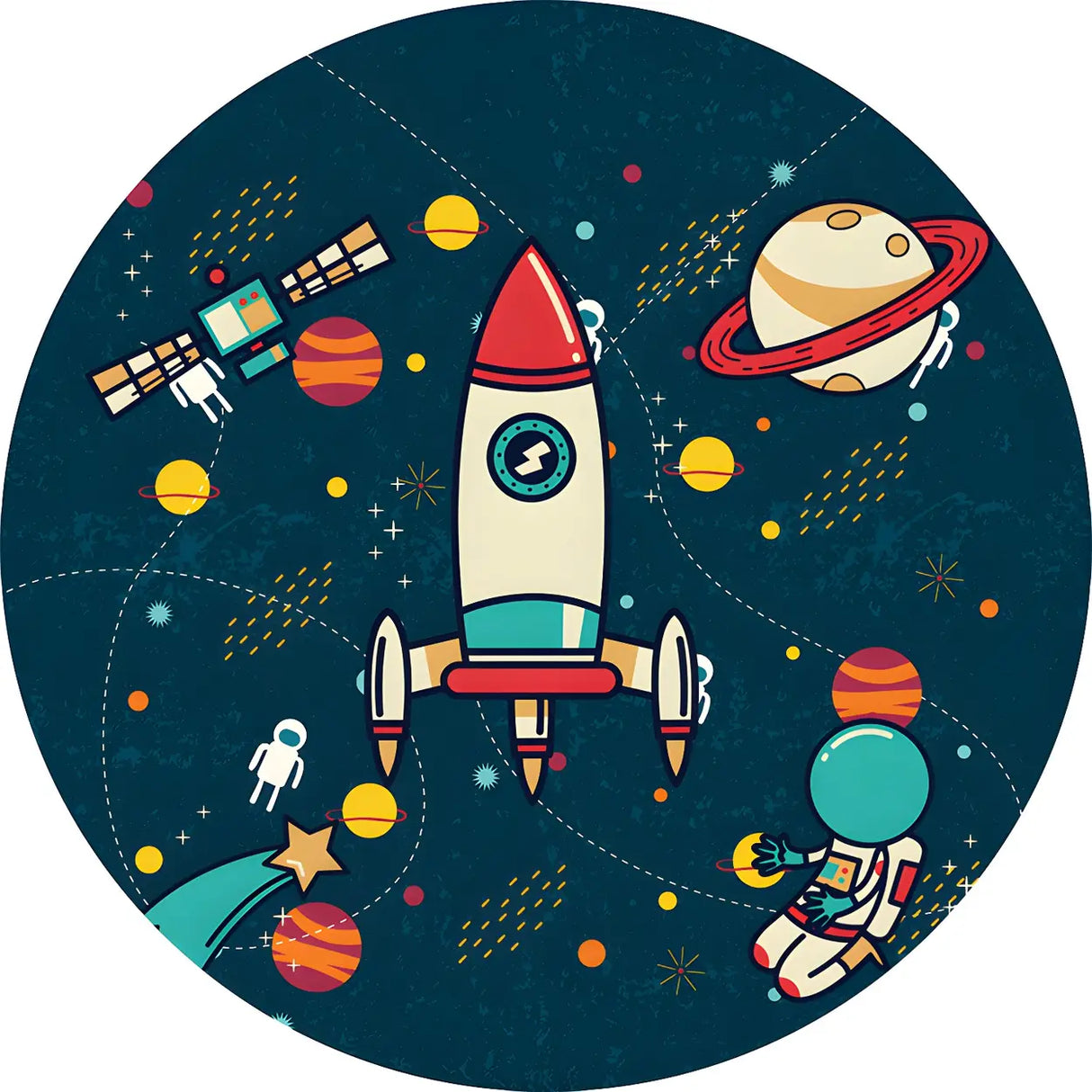 Navy Blue Round Space Polyester Pet Friendly Rug for Kids Image - 3