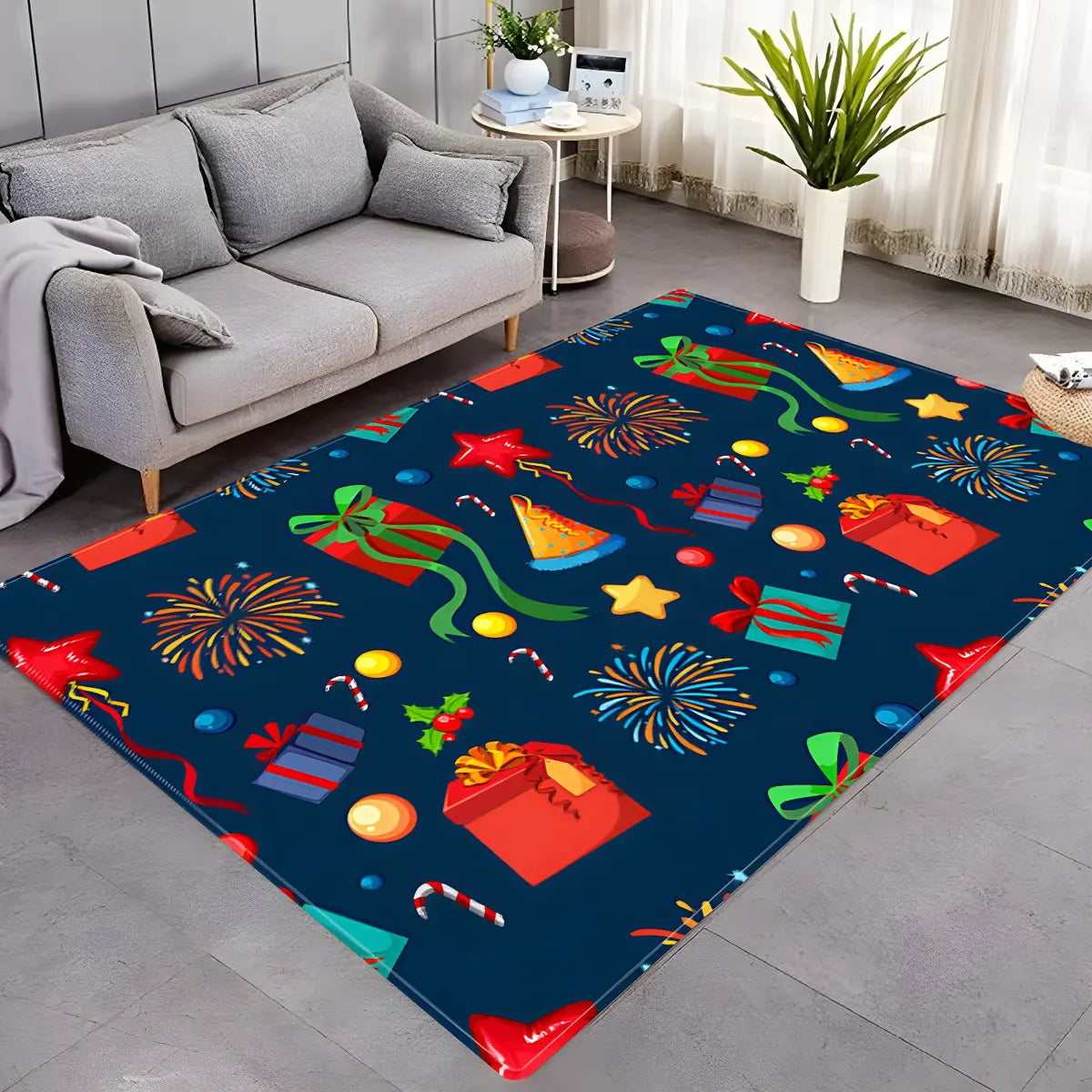 Navy Christmas Pattern Rectangular Polyester Area Rug Image - 1
