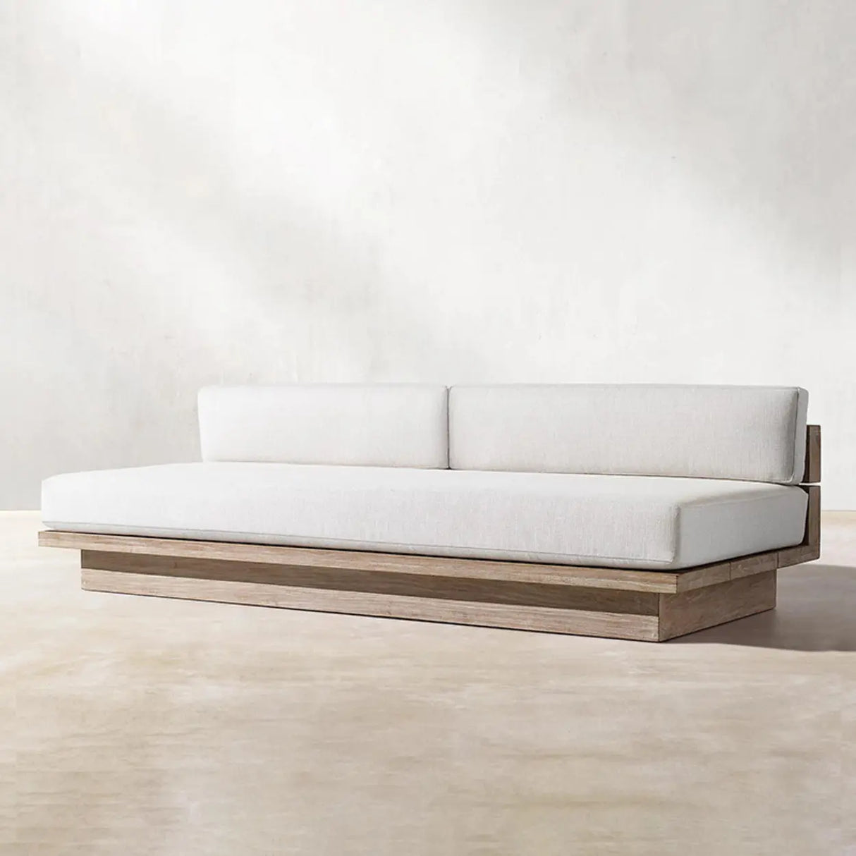 Neutral Beige Teak Symmetrical Upholstered Cushions Sofa Image - 5