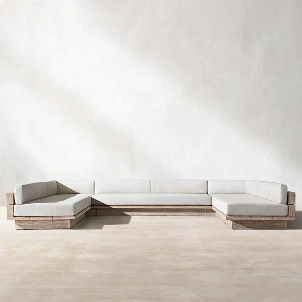 Neutral Beige Teak Symmetrical Upholstered Cushions Sofa Image - 8