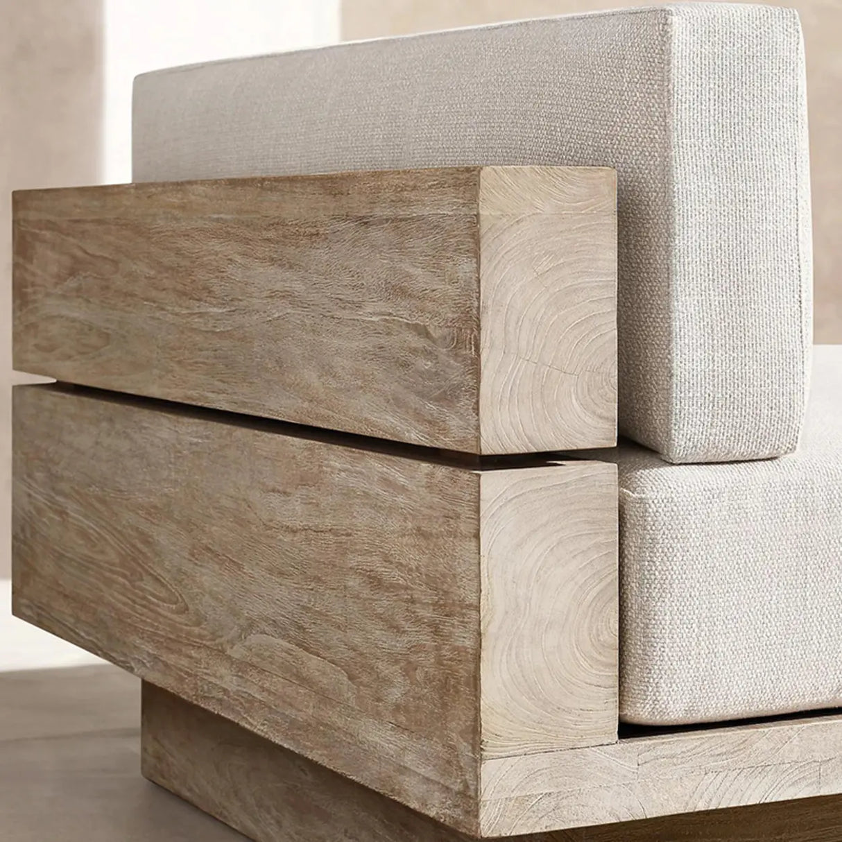 Neutral Beige Teak Symmetrical Upholstered Cushions Sofa Image - 9