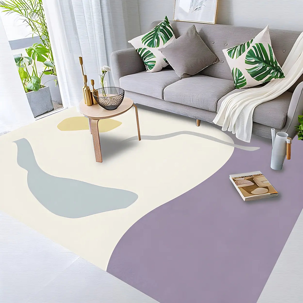 Nordic Abstract Rectangular Velvet Beige Area Rug Image - 1