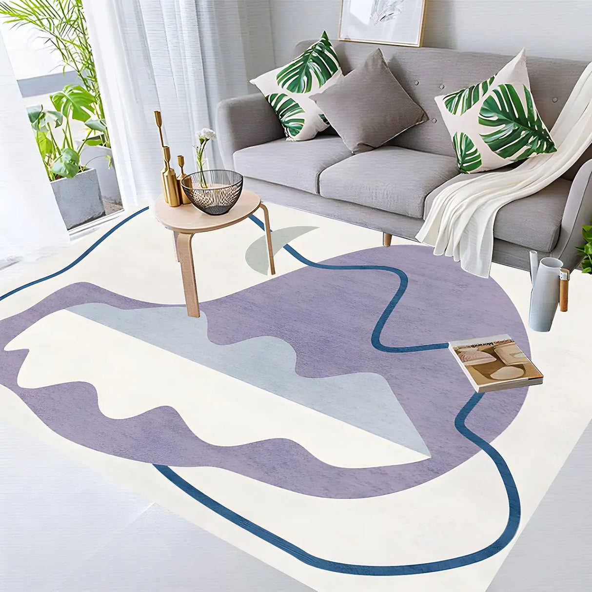 Nordic Abstract Rectangular Velvet Beige Area Rug Image - 2