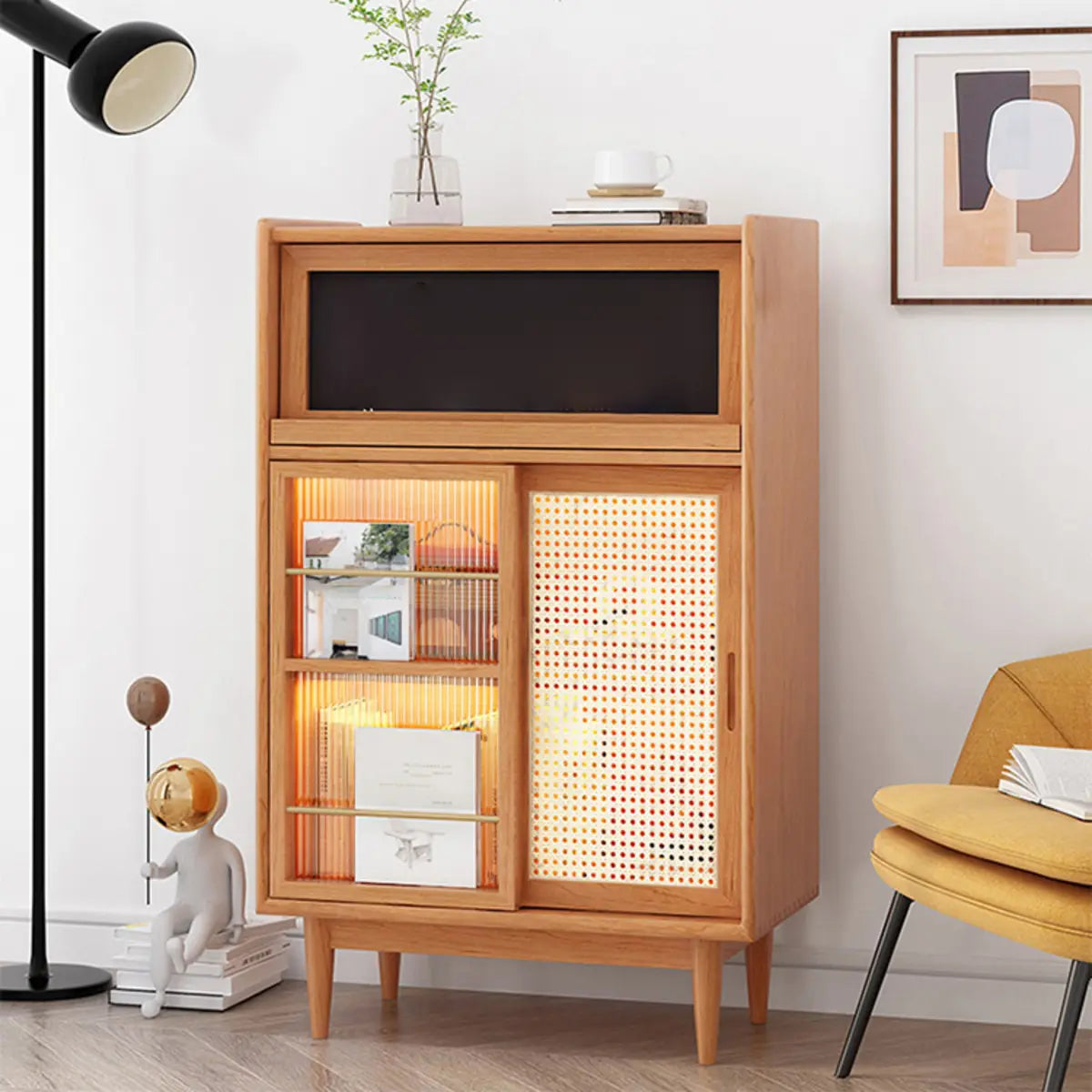 Nordic Brown Rattan Solid Wood Standard China Cabinet Image - 3