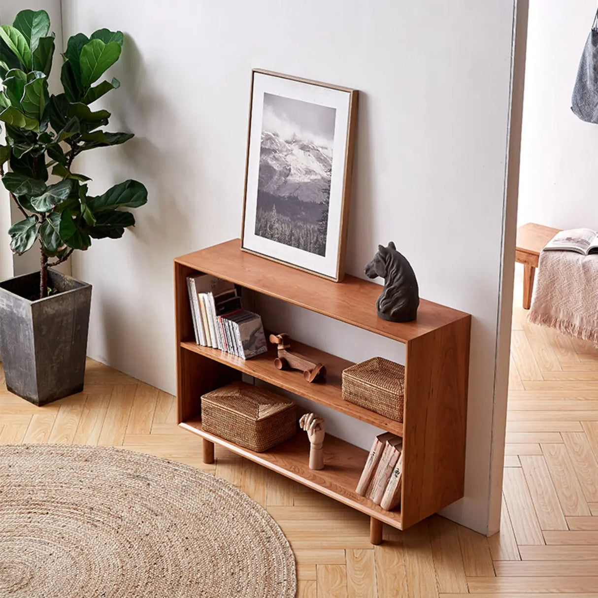 Nordic Cherry Wood Horizontal Storage Small Bookshelf Image - 2